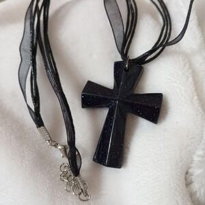 Black Blue sparkle natural stone cross Necklace